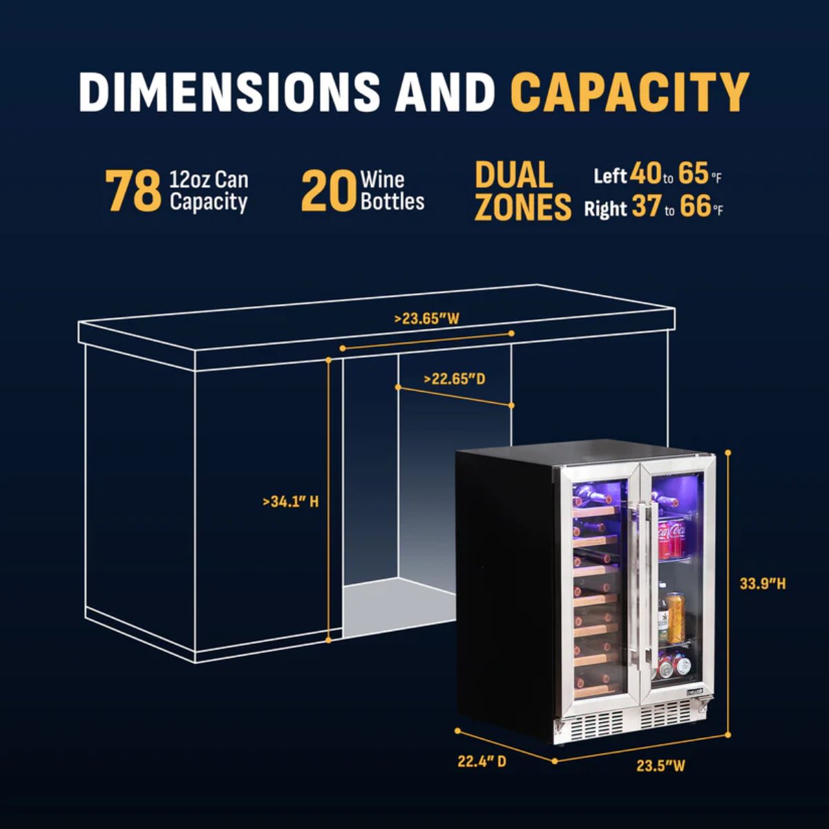 Newair 24" Dual-Zone Wine & Beverage Cooler – Stainless Steel - Dimensions and Capacity of the Fridge