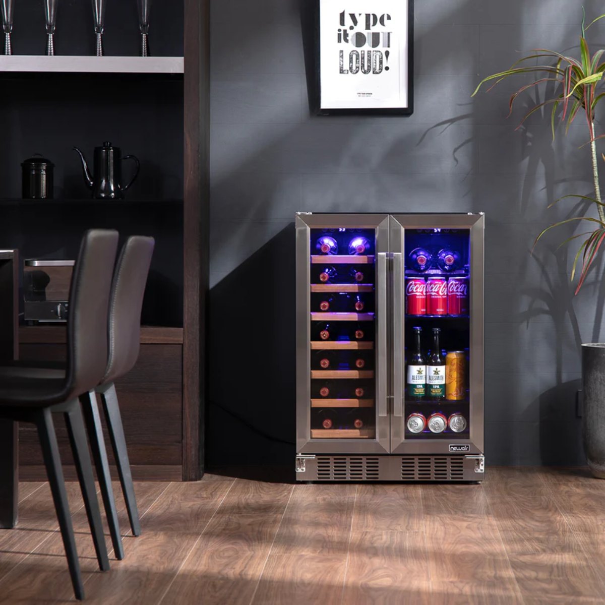 Newair 24" Dual-Zone Wine & Beverage Cooler – Stainless Steel - Freestanding Front View of the Fridge with wine and beverages