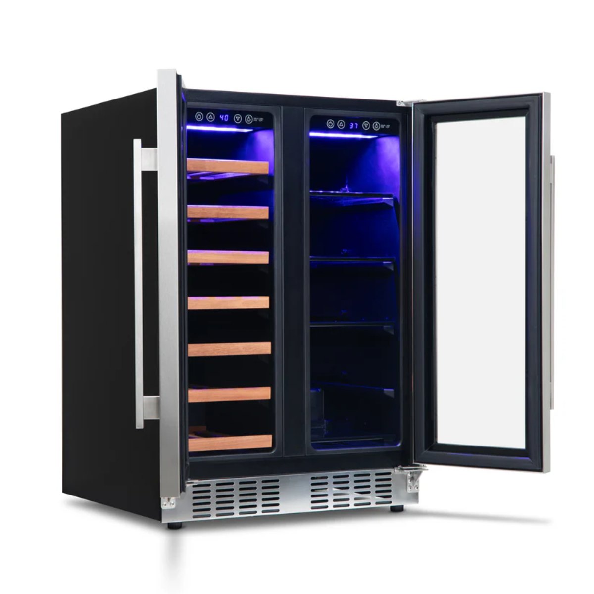Newair 24" Dual-Zone Wine & Beverage Cooler – Stainless Steel - Front Left View of the empty fridge - Opened