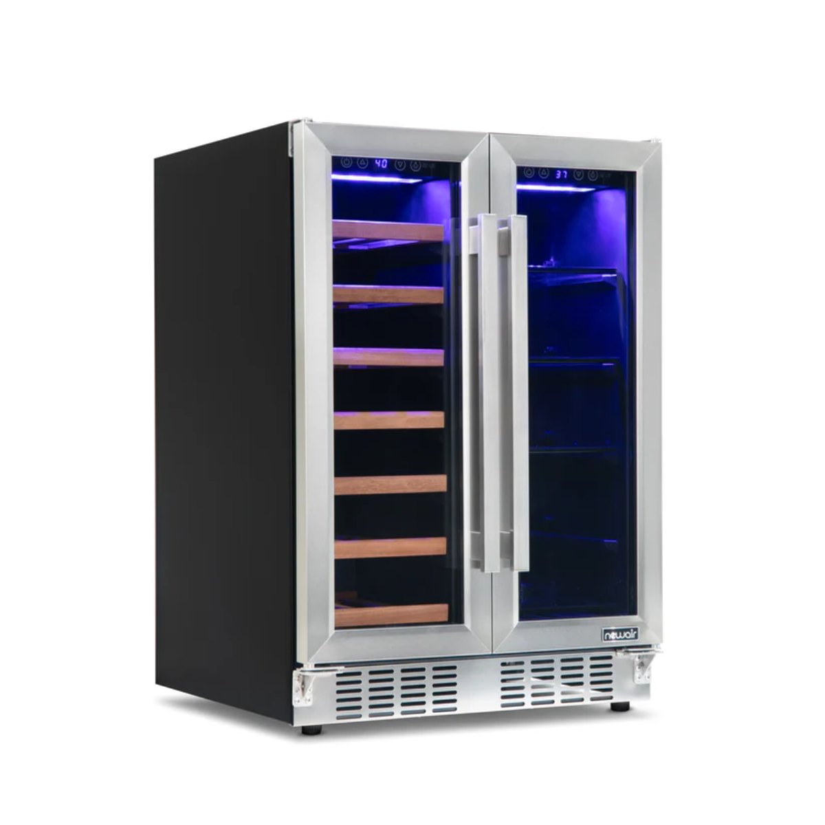 Newair 24" Dual-Zone Wine & Beverage Cooler – Stainless Steel - Front Left View of the empty fridge