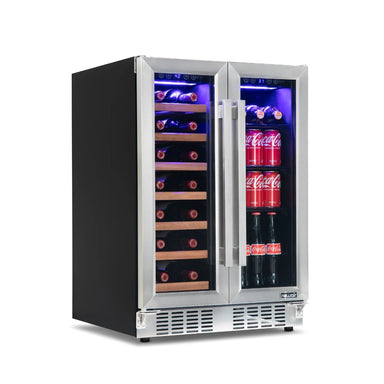 Newair 24" Dual-Zone Wine & Beverage Cooler – Stainless Steel - Front Left View of the fridge with wine and beverages - Closed