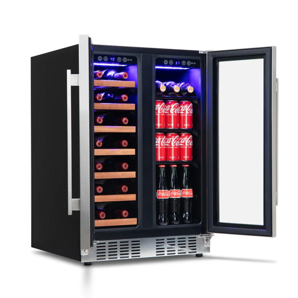 Newair 24" Dual-Zone Wine & Beverage Cooler – Stainless Steel - Front Left View of the fridge with wine and beverages shown