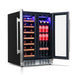Newair 24" Dual-Zone Wine & Beverage Cooler – Stainless Steel - Front Left View of the fridge with wine and beverages shown