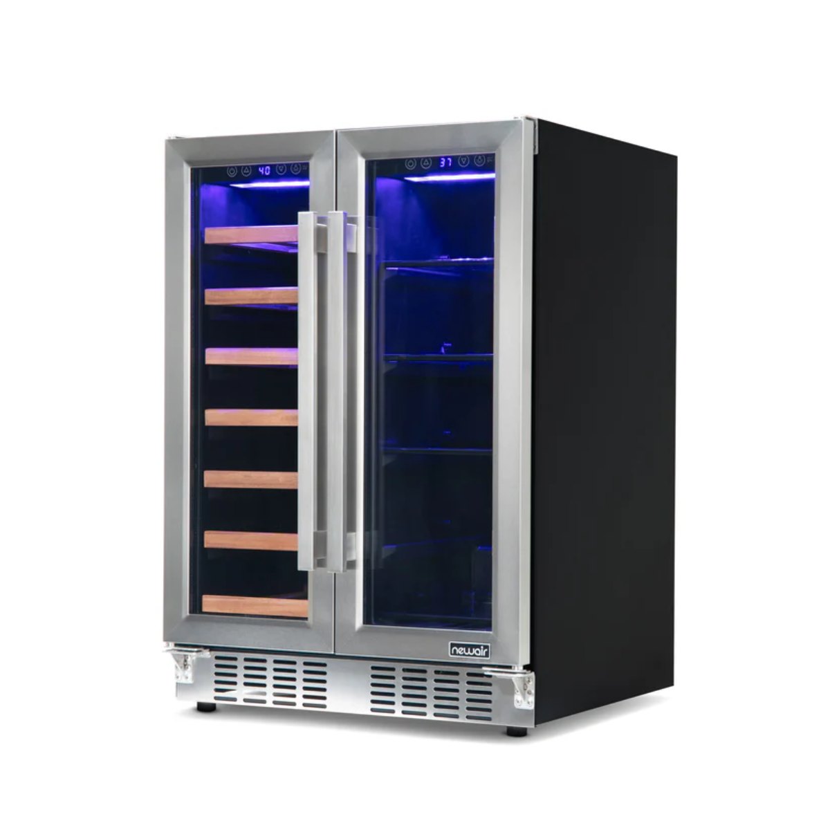 Newair 24" Dual-Zone Wine & Beverage Cooler – Stainless Steel - Front Right View of the empty fridge - closed