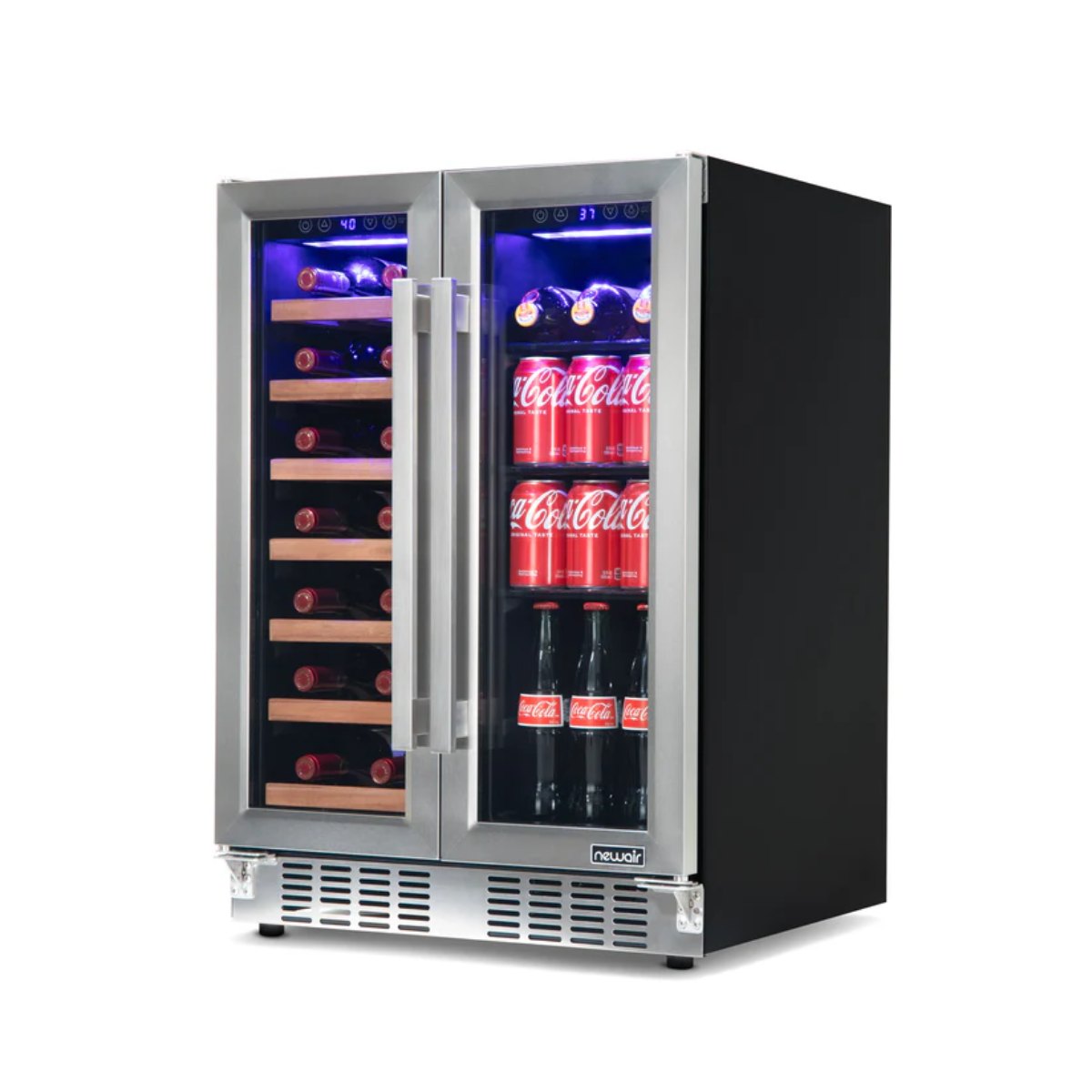 Newair 24" Dual-Zone Wine & Beverage Cooler – Stainless Steel - Front Right View of the fridge with wine and beverages - closed