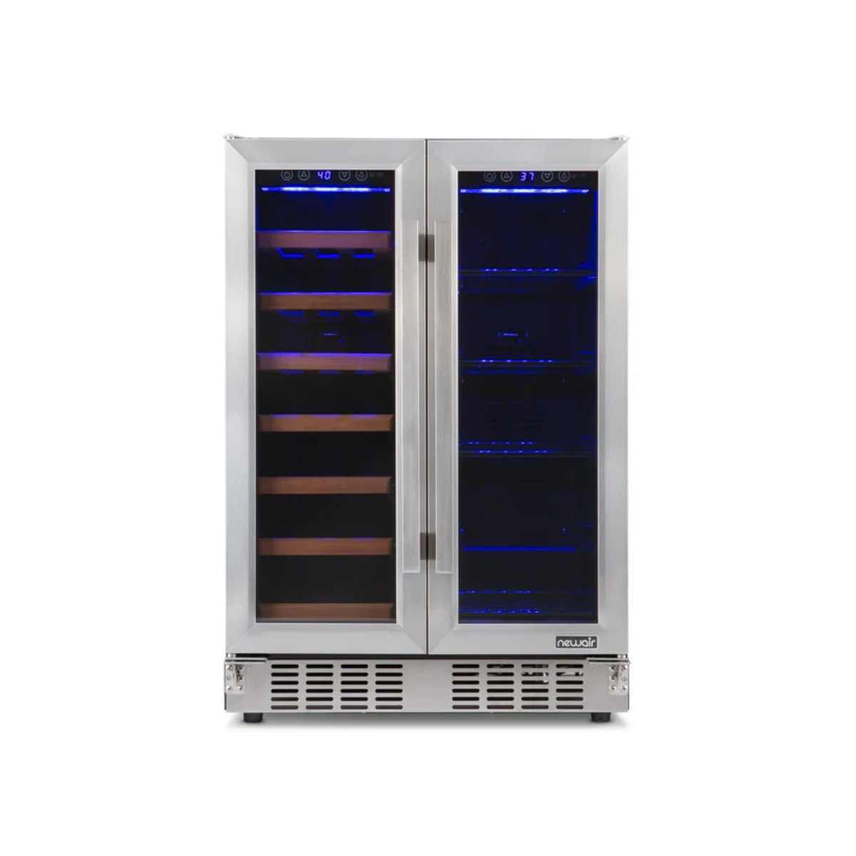 Newair 24" Dual-Zone Wine & Beverage Cooler – Stainless Steel - Front View of the empty fridge - closed