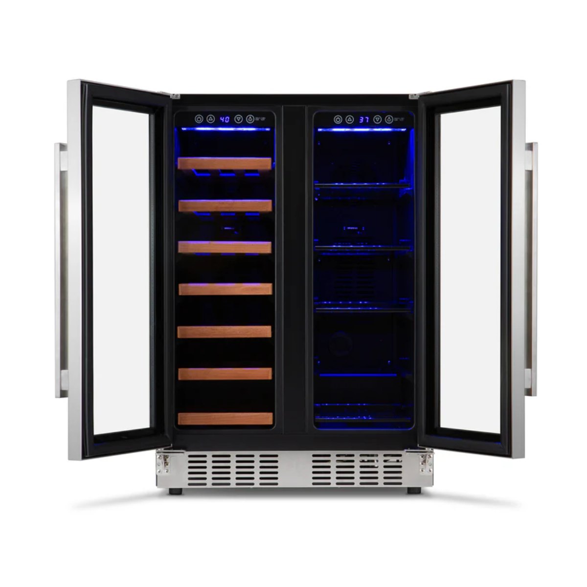 Newair 24" Dual-Zone Wine & Beverage Cooler – Stainless Steel - Front View of the empty fridge - opened