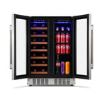 Newair 24" Dual-Zone Wine & Beverage Cooler – Stainless Steel - Front View of the fridge with wine and beverages - Opened