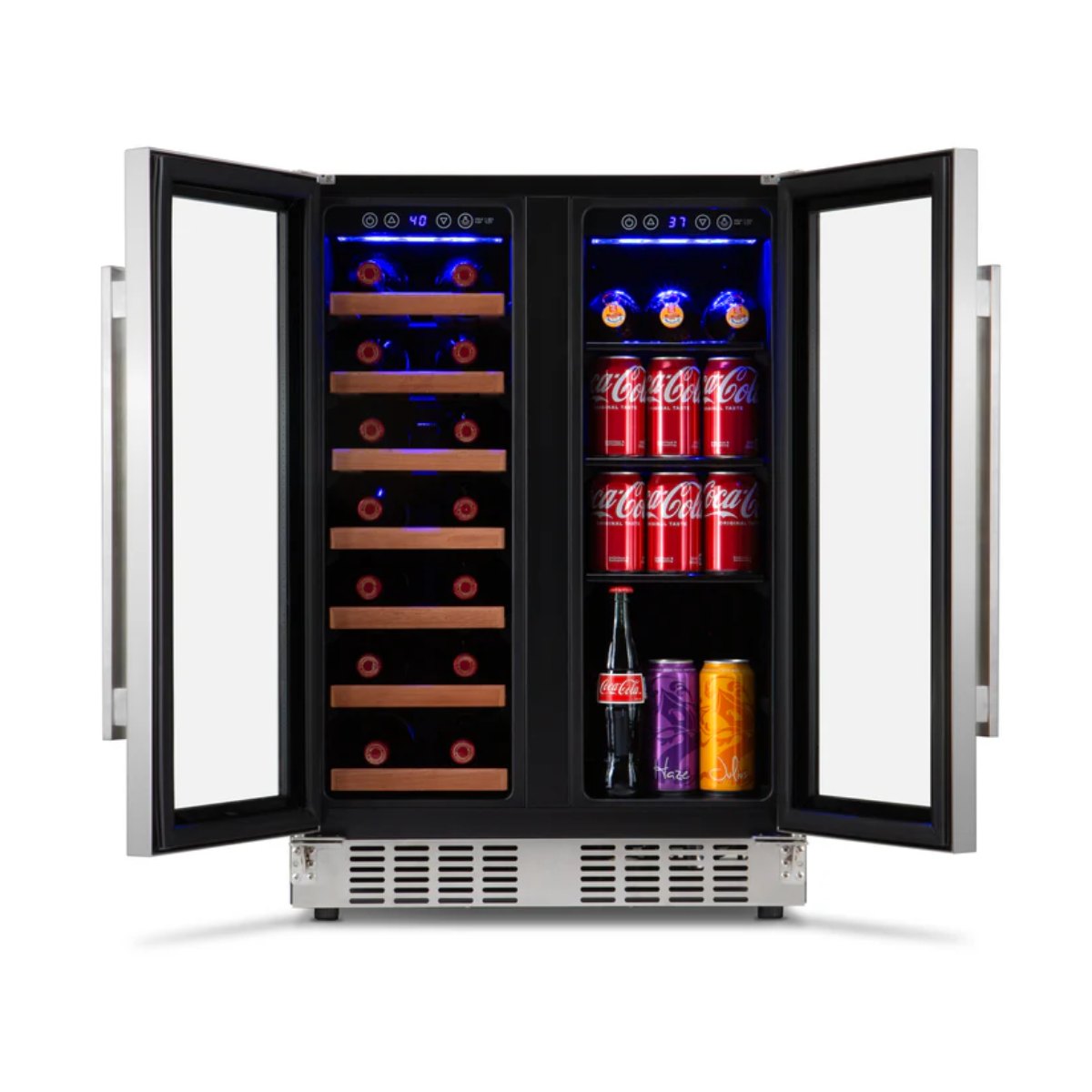 Newair 24" Dual-Zone Wine & Beverage Cooler – Stainless Steel - Front View of the fridge with wine and beverages - Opened