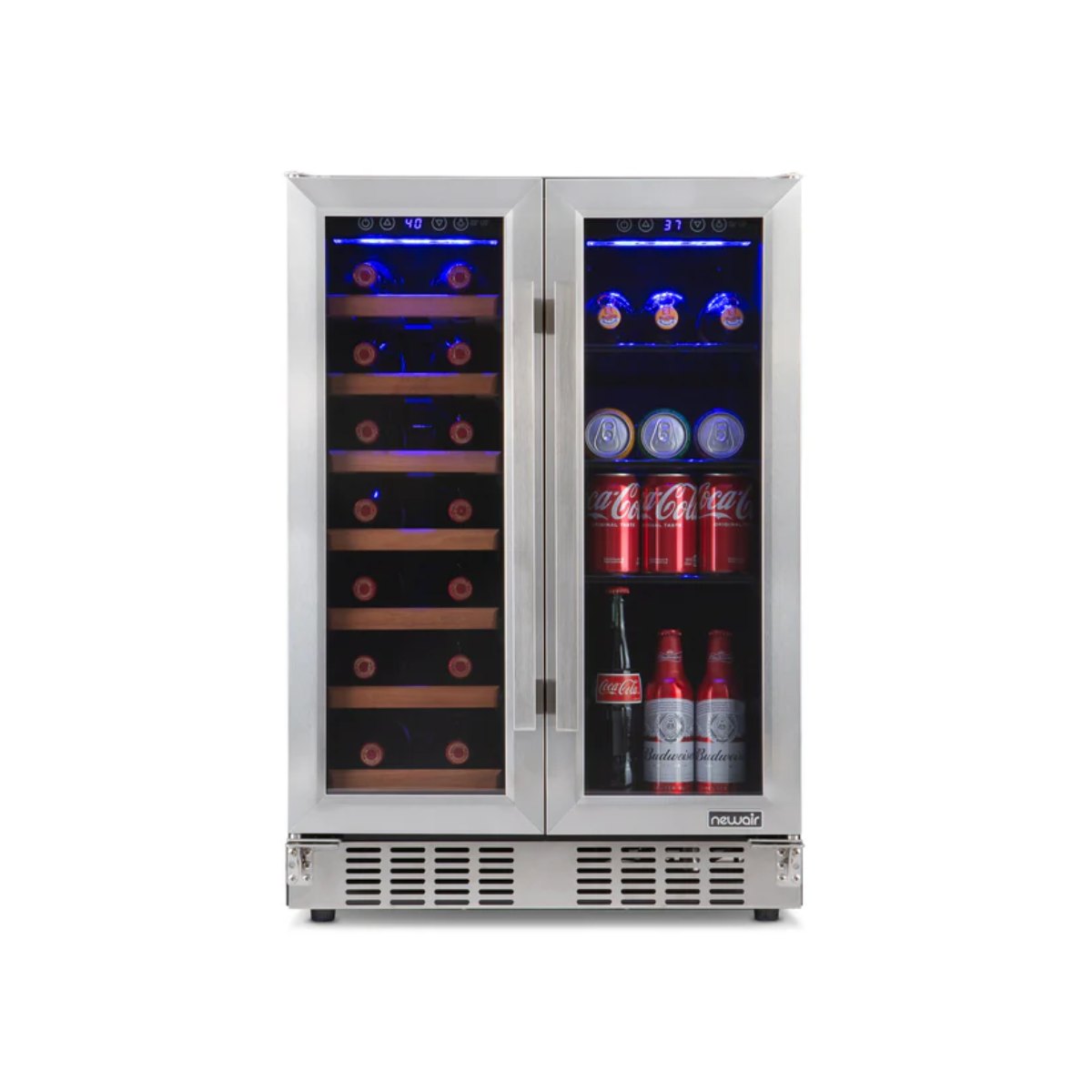 Newair 24" Dual-Zone Wine & Beverage Cooler – Stainless Steel - Front View of the fridge with wine and beverages - closed