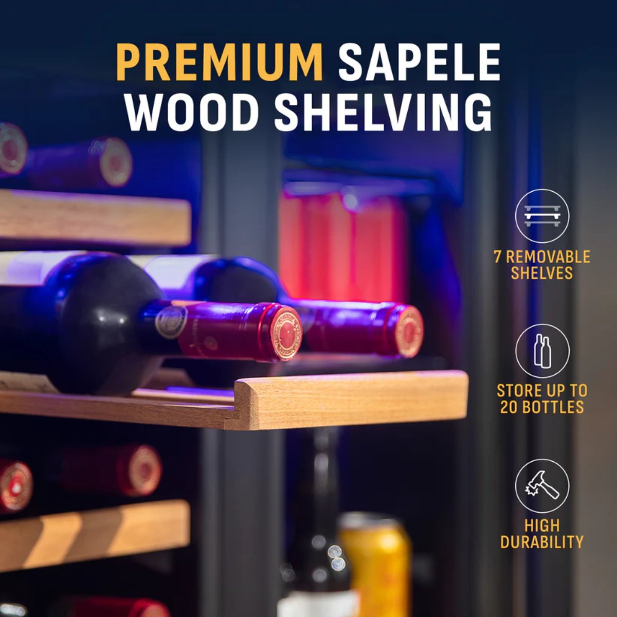 Newair 24" Dual-Zone Wine & Beverage Cooler – Stainless Steel - Premium Sapele Wood Shelving Shown