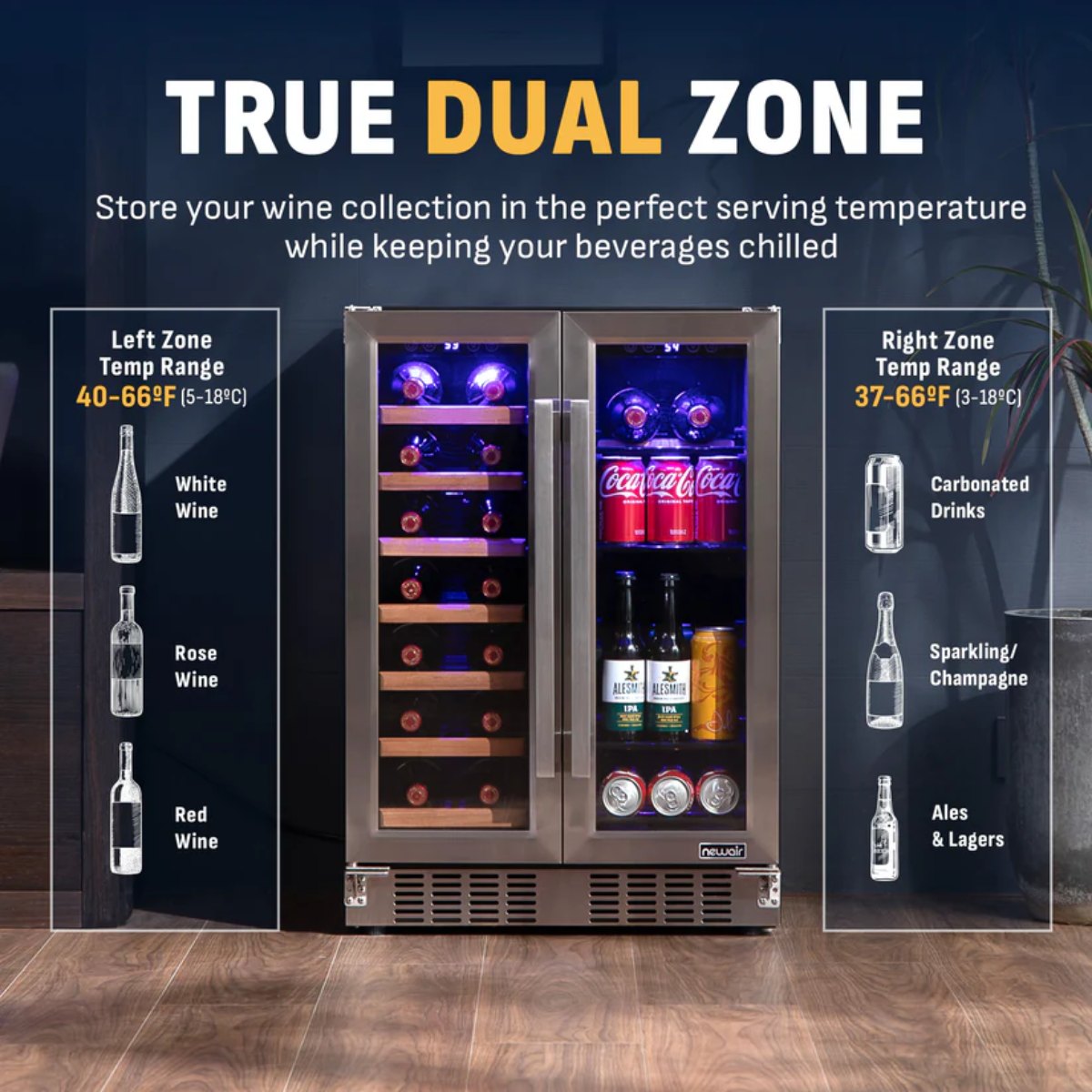 Newair 24" Dual-Zone Wine & Beverage Cooler – Stainless Steel - Store your wine and beverages in the perfect serving temperature