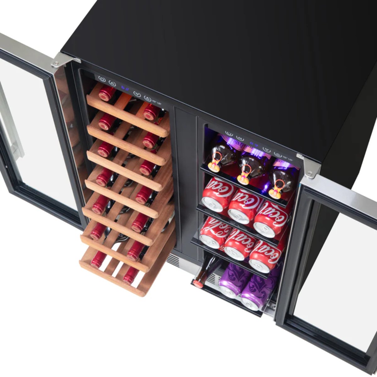 Newair 24" Dual-Zone Wine & Beverage Cooler – Stainless Steel - Top View of the fridge while showing the wine and beverages