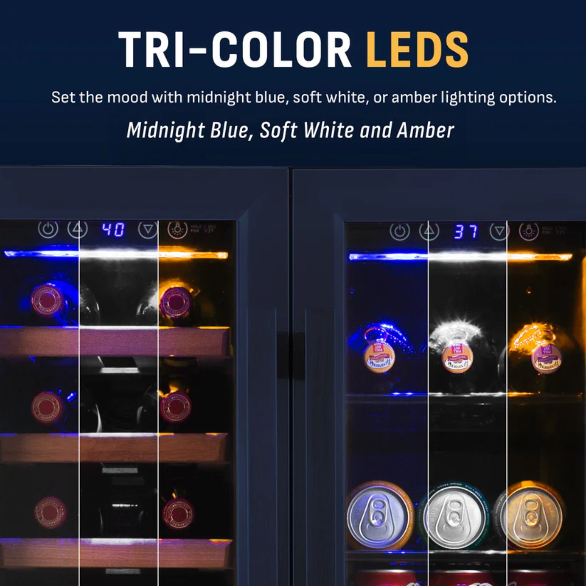 Newair 24" Dual-Zone Wine & Beverage Cooler – Stainless Steel - Tri Color Lighting Options