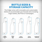 Newair 24” Dual Zone Wine and Beverage Fridge in Stainless Steel - Bottle sizes and storage capacity shown