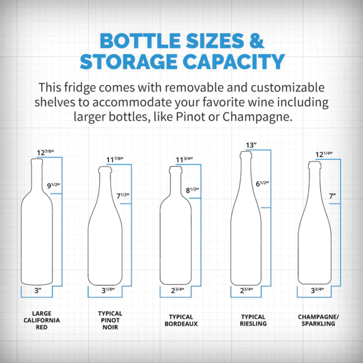 Newair 24” Dual Zone Wine and Beverage Fridge in Stainless Steel - Bottle sizes and storage capacity shown