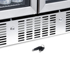 Newair 24” Dual Zone Wine and Beverage Fridge in Stainless Steel - Close up view of lock and keys of the fridge