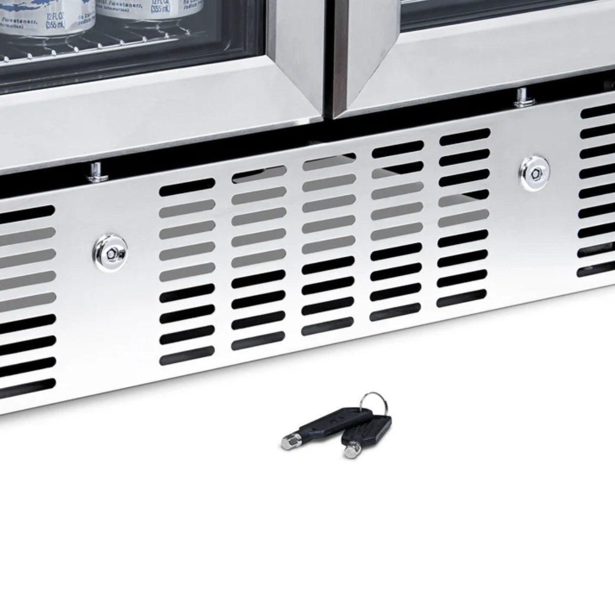 Newair 24” Dual Zone Wine and Beverage Fridge in Stainless Steel - Close up view of lock and keys of the fridge