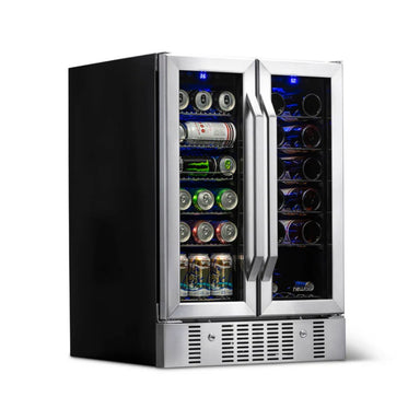 Newair 24” Dual Zone Wine and Beverage Fridge in Stainless Steel - Front left view loaded shelves closed doors