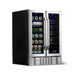 Newair 24” Dual Zone Wine and Beverage Fridge in Stainless Steel - Front left view loaded shelves closed doors