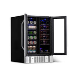 Newair 24” Dual Zone Wine and Beverage Fridge in Stainless Steel - Front left view loaded shelves open doors
