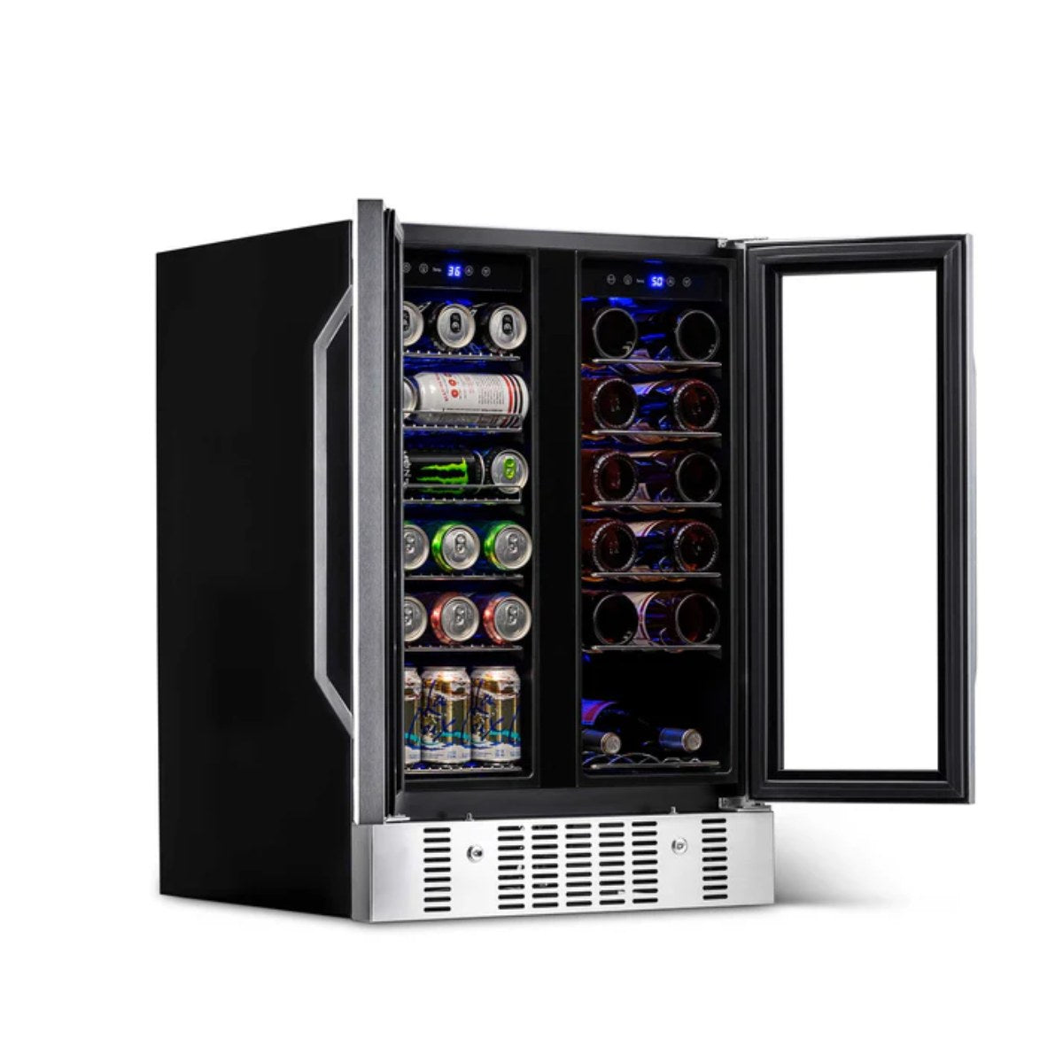 Newair 24” Dual Zone Wine and Beverage Fridge in Stainless Steel - Front left view loaded shelves open doors