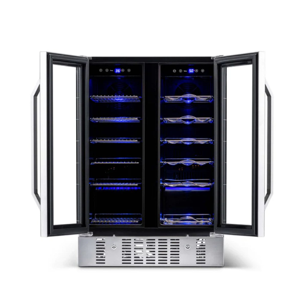 Newair 24” Dual Zone Wine and Beverage Fridge in Stainless Steel - Front view empty shelves open doors