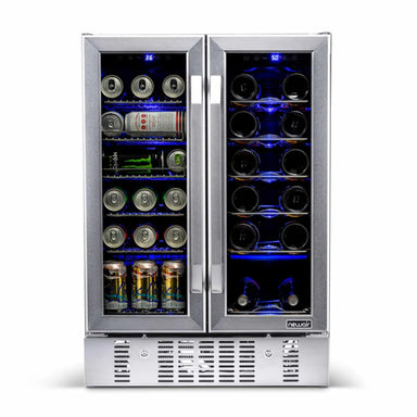 Newair 24” Dual Zone Wine and Beverage Fridge in Stainless Steel - Front view loaded shelves closed doors