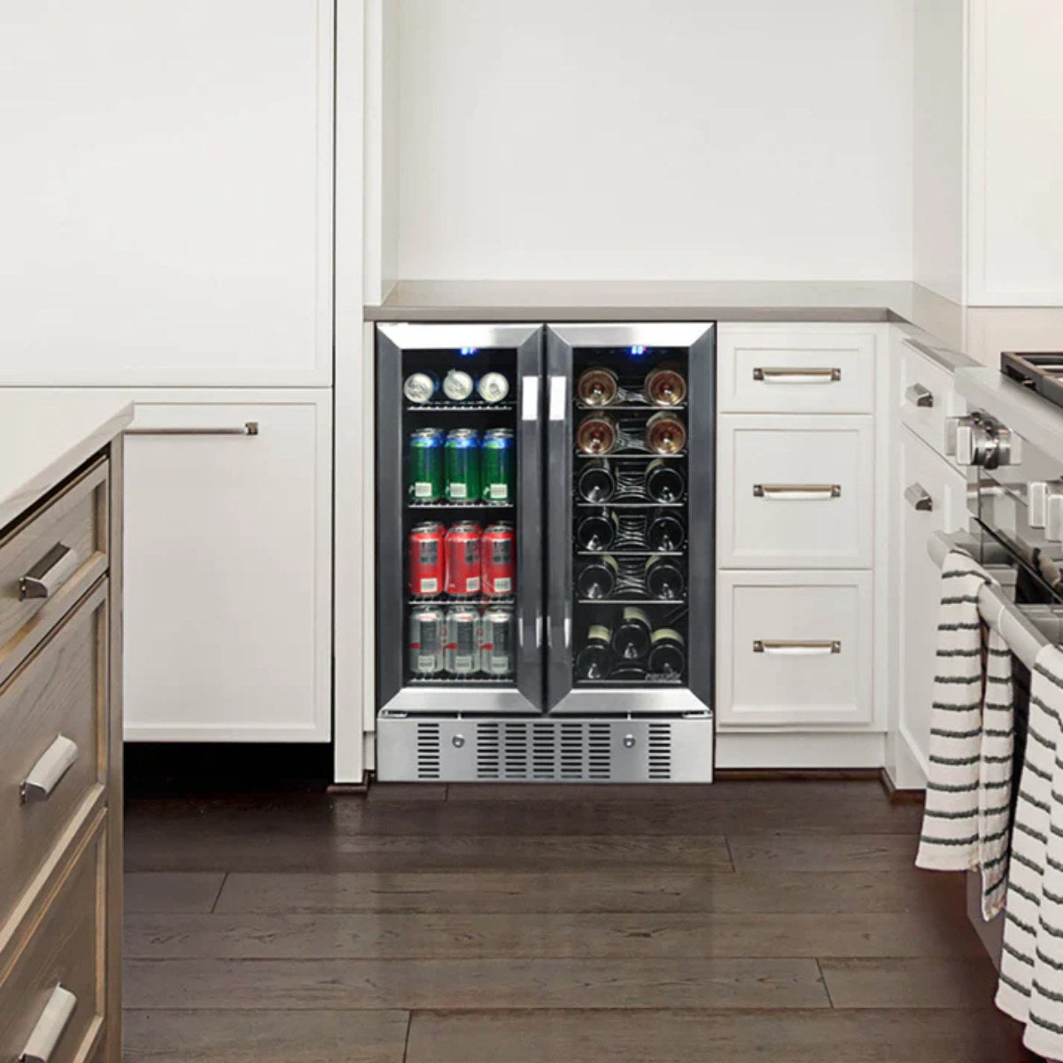 Newair 24” Dual Zone Wine and Beverage Fridge in Stainless Steel - built into a modern white kitchen