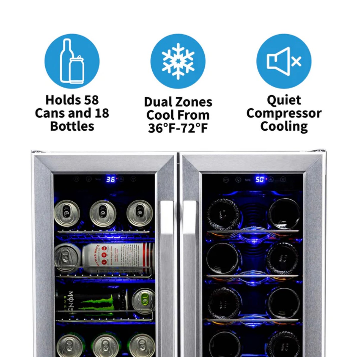 Newair 24” Dual Zone Wine and Beverage Fridge in Stainless Steel - features of the fridge shown