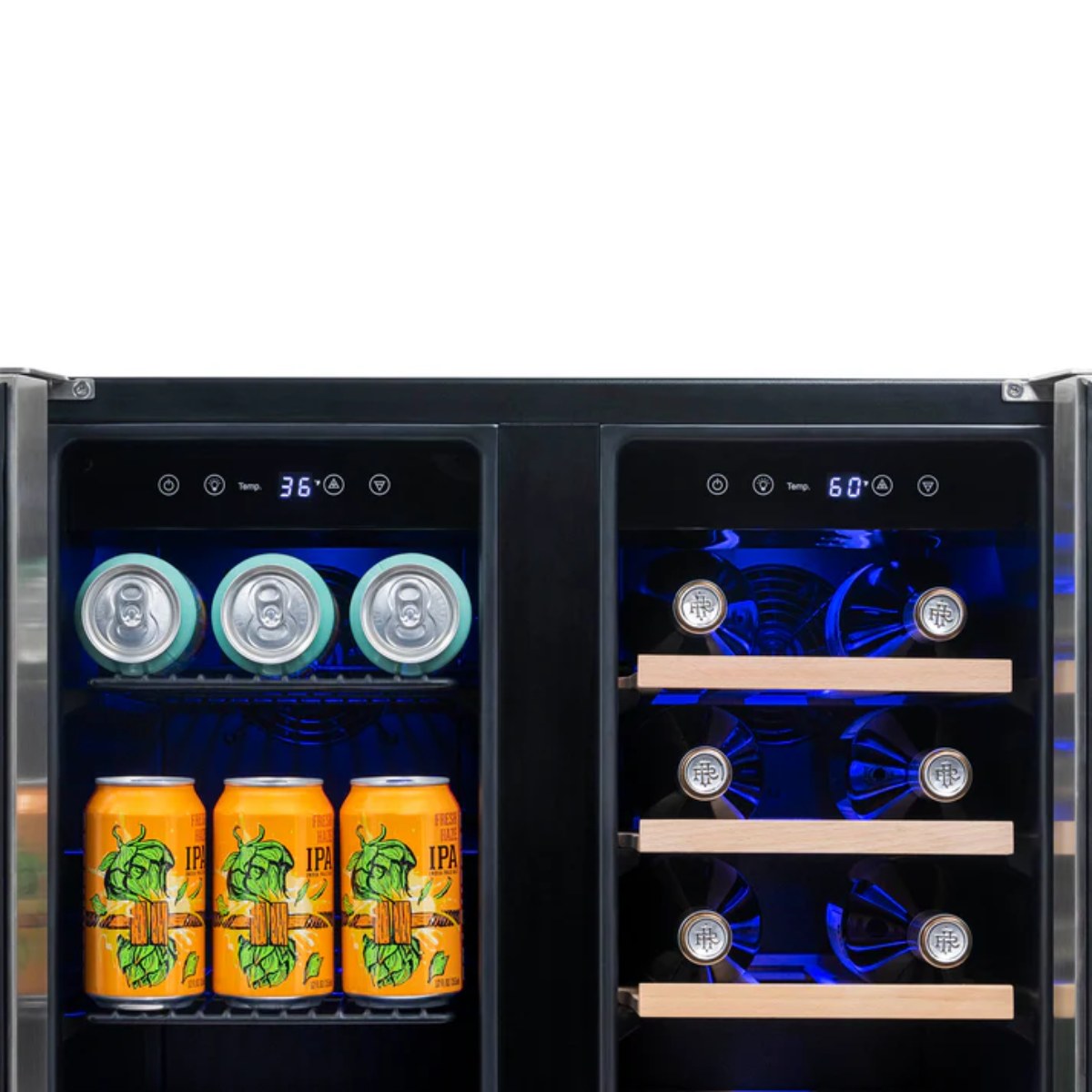 Newair 24″ SplitShelf 58-Can / 18-Bottle Dual Zone Beverage Fridge - Close up view of the digital thermostat with buttons