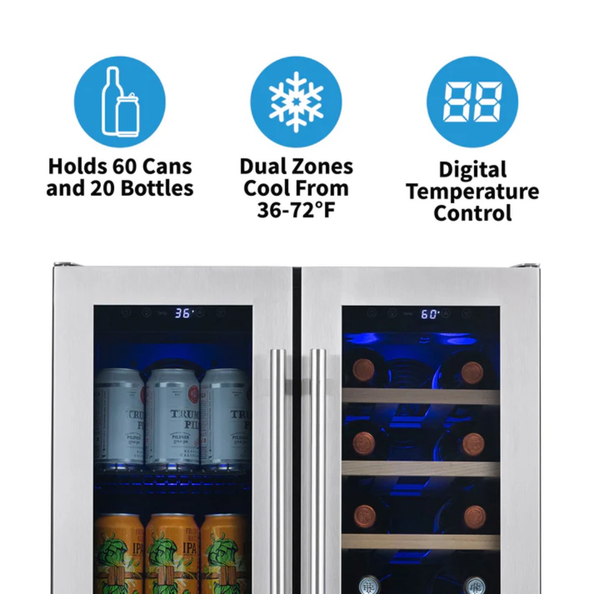 Newair 24″ SplitShelf 58-Can / 18-Bottle Dual Zone Beverage Fridge - Features of the fridge shown