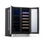 Newair 24″ SplitShelf 58-Can / 18-Bottle Dual Zone Beverage Fridge - Front left view empty inside open door
