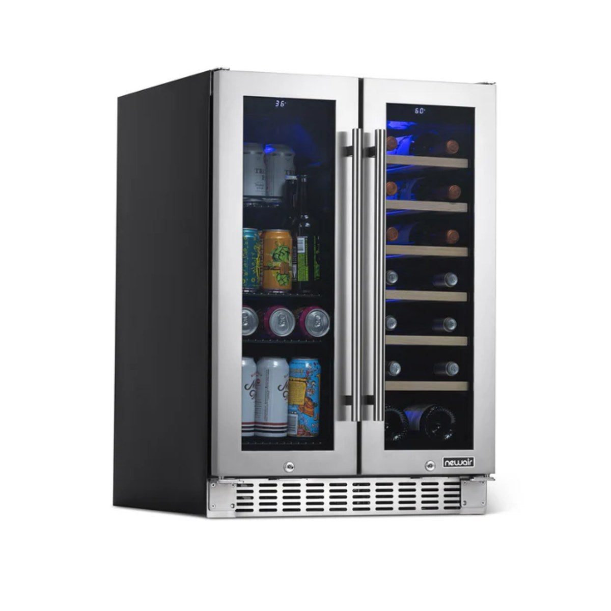Newair 24″ SplitShelf 58-Can / 18-Bottle Dual Zone Beverage Fridge - Front left view loaded inside closed door
