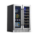 Newair 24″ SplitShelf 58-Can / 18-Bottle Dual Zone Beverage Fridge - Front left view loaded inside closed door