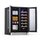 Newair 24″ SplitShelf 58-Can / 18-Bottle Dual Zone Beverage Fridge - Front left view loaded inside open door