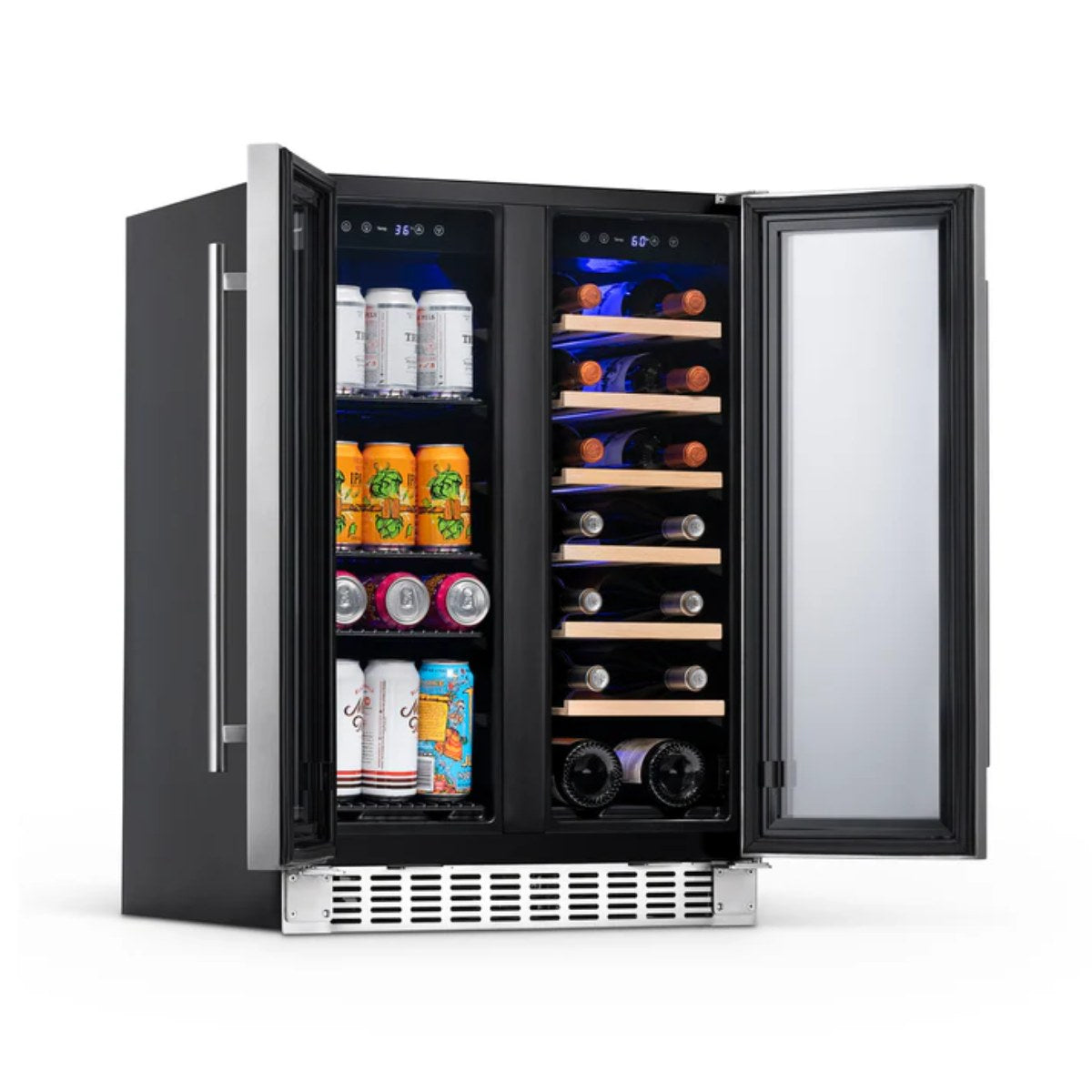 Newair 24″ SplitShelf 58-Can / 18-Bottle Dual Zone Beverage Fridge - Front left view loaded inside open door