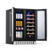 Newair 24″ SplitShelf 58-Can / 18-Bottle Dual Zone Beverage Fridge - Front left view loaded inside open door