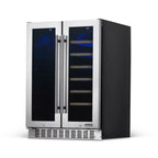 Newair 24″ SplitShelf 58-Can / 18-Bottle Dual Zone Beverage Fridge - Front right view empty inside closed door
