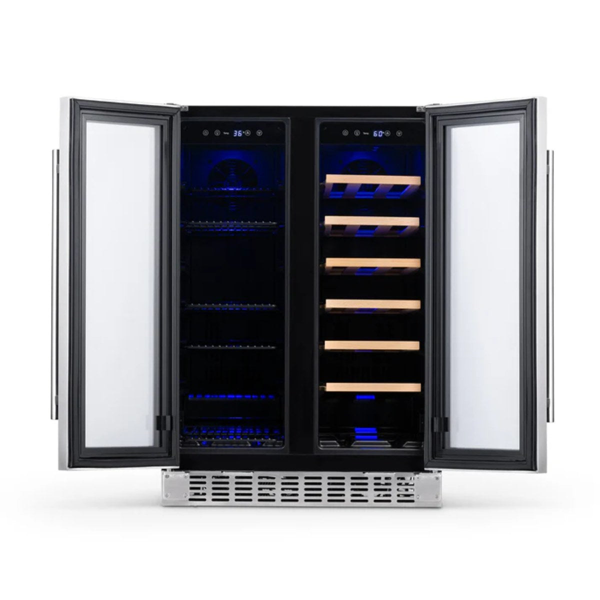 Newair 24″ SplitShelf 58-Can / 18-Bottle Dual Zone Beverage Fridge - Front view empty inside open door