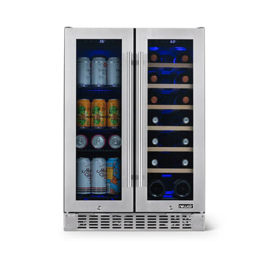 Newair 24″ SplitShelf 58-Can / 18-Bottle Dual Zone Beverage Fridge - Front view loaded inside closed door