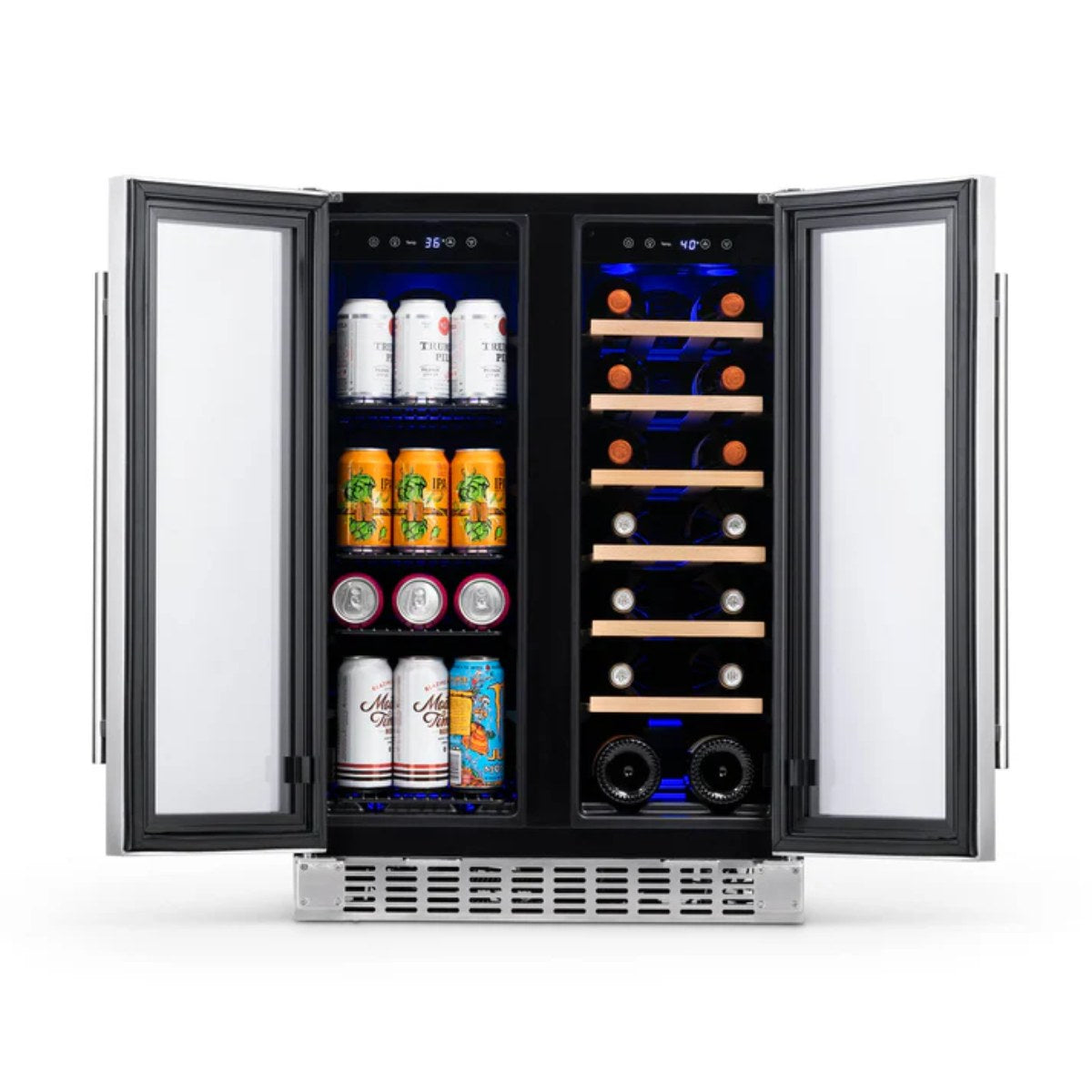 Newair 24″ SplitShelf 58-Can / 18-Bottle Dual Zone Beverage Fridge - Front view loaded inside open door