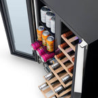 Newair 24″ SplitShelf 58-Can / 18-Bottle Dual Zone Beverage Fridge - Top view of the fridge showing racks for beverages and bottles