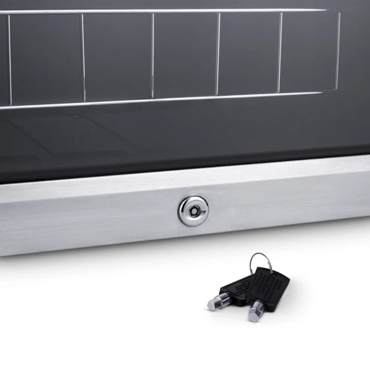 Newair 27 Bottle Freestanding Wine Fridge – 16.9" Stainless Steel - Close up view of the lock and keys