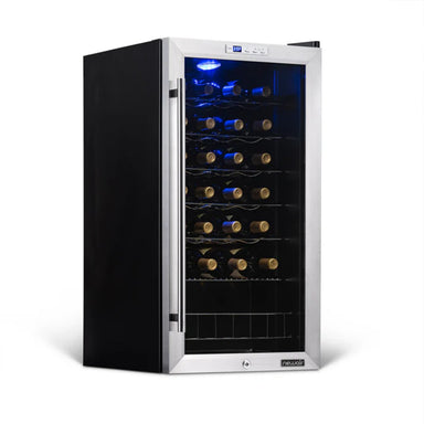 Newair 27 Bottle Freestanding Wine Fridge – 16.9" Stainless Steel - Front left view loaded shelves closed door
