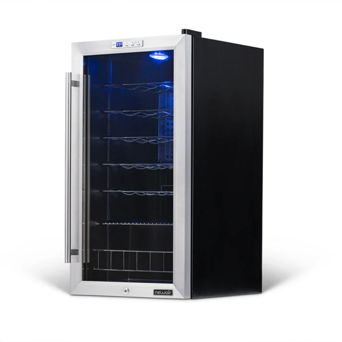 Newair 27 Bottle Freestanding Wine Fridge – 16.9" Stainless Steel - Front right view empty shelves closed door