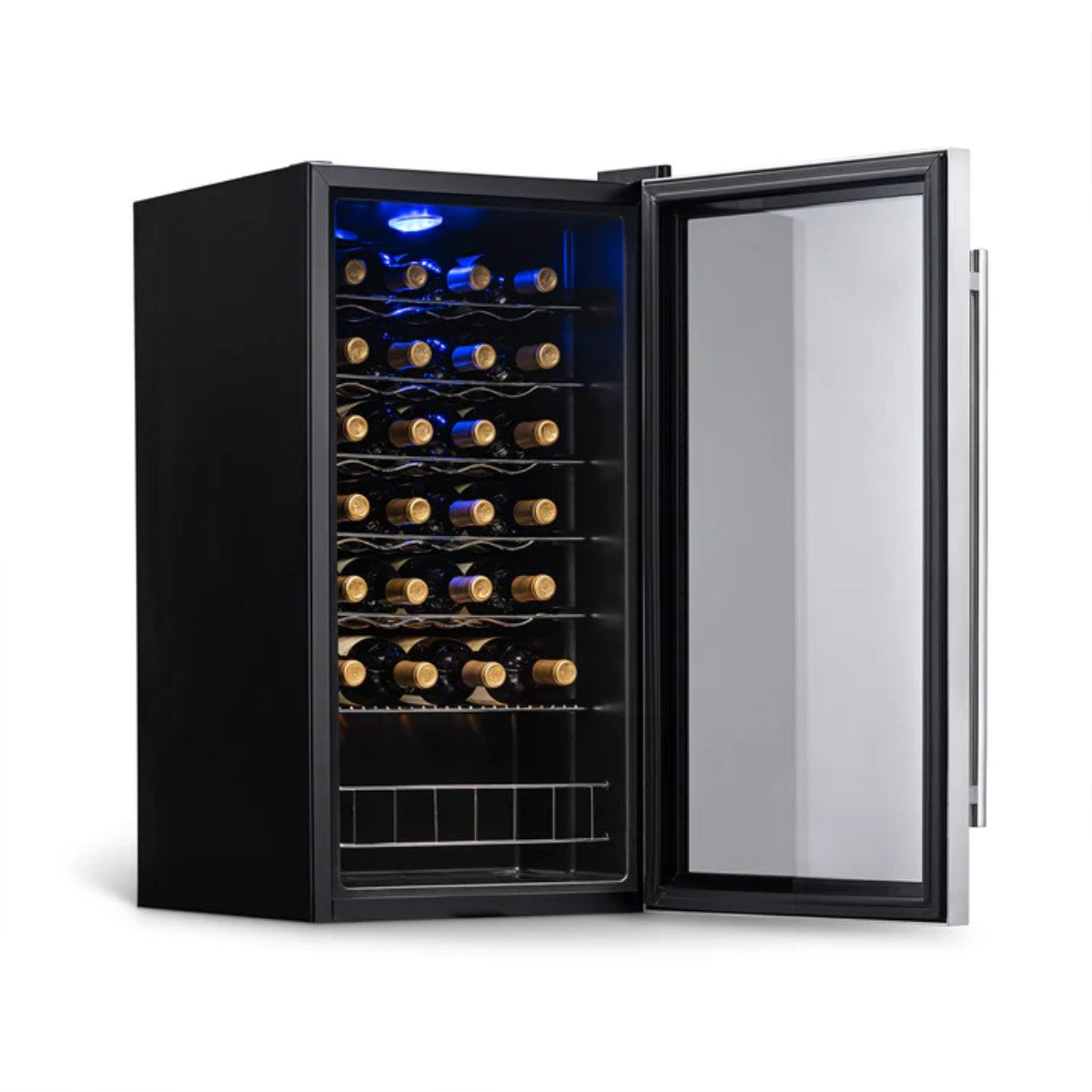 Newair 27 Bottle Freestanding Wine Fridge – 16.9" Stainless Steel - Front right view loaded shelves open door