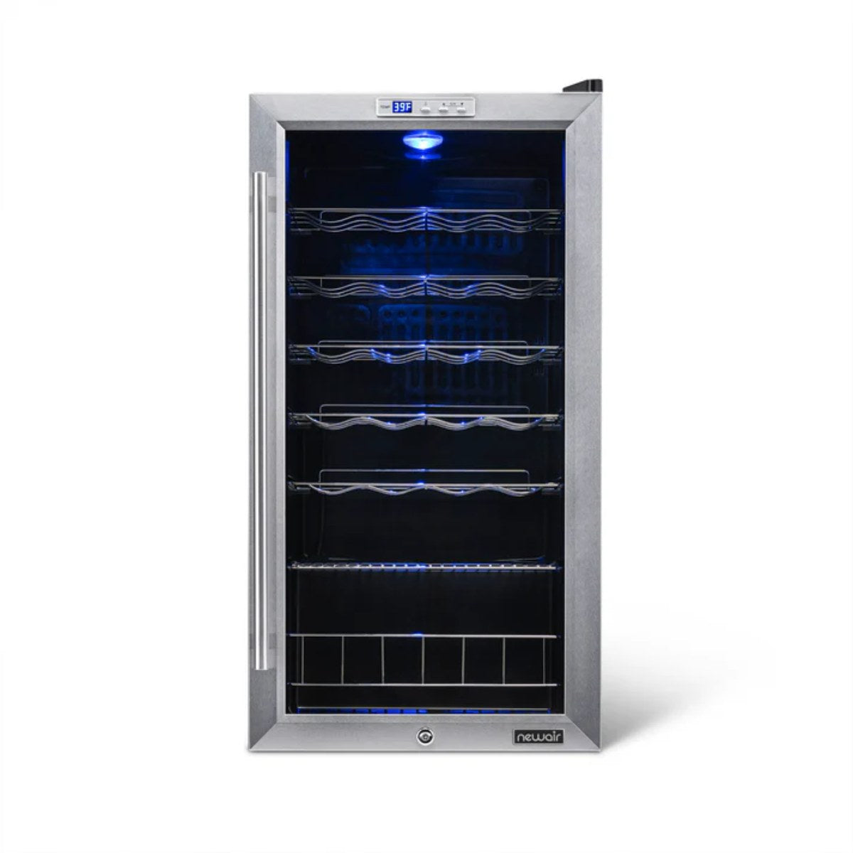 Newair 27 Bottle Freestanding Wine Fridge – 16.9" Stainless Steel - Front view empty shelves closed door