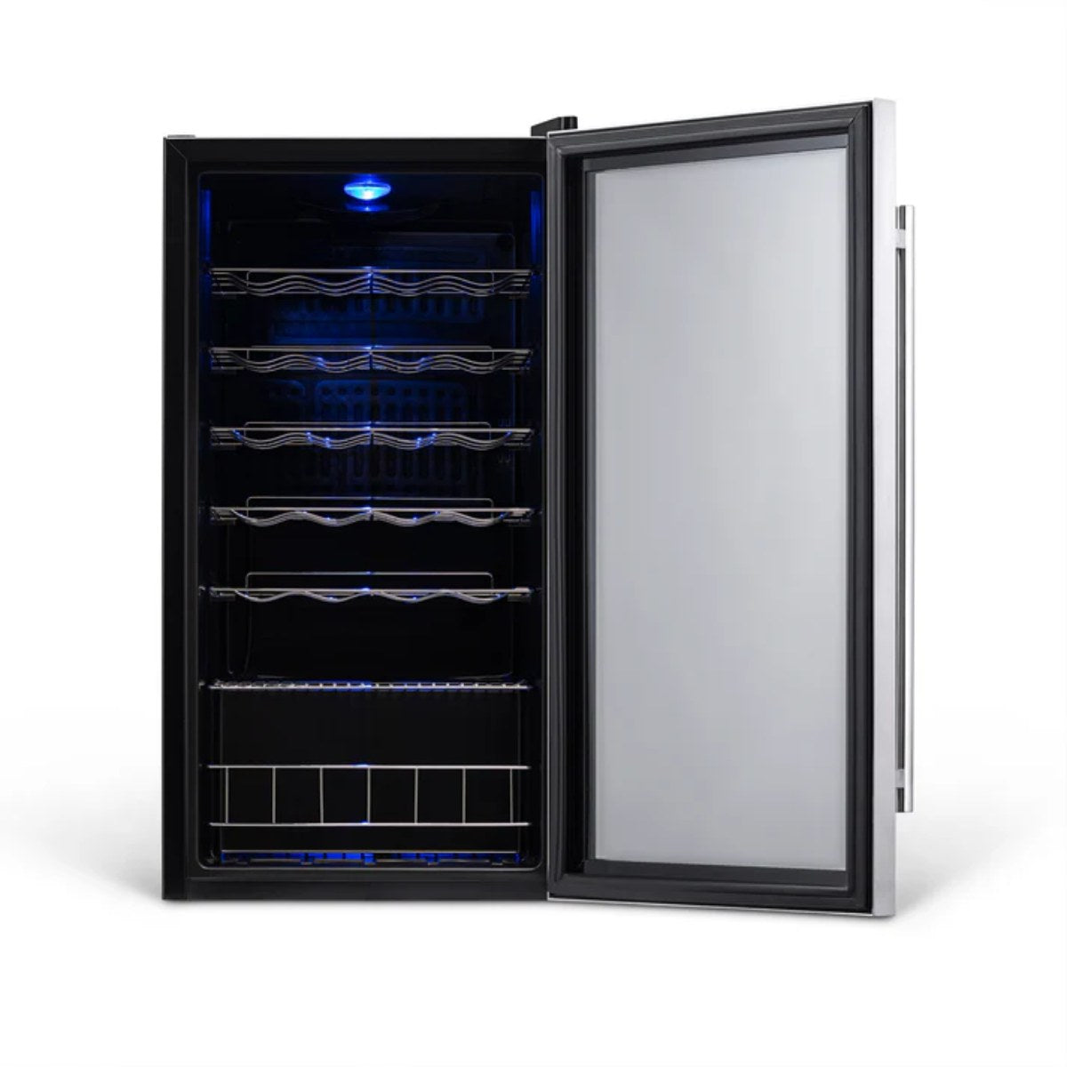 Newair 27 Bottle Freestanding Wine Fridge – 16.9" Stainless Steel - Front view empty shelves open door