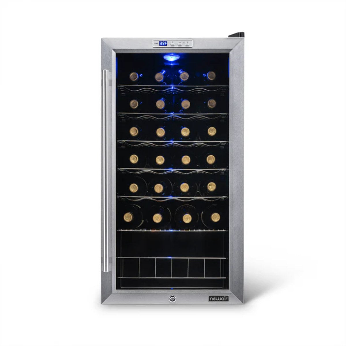 Newair 27 Bottle Freestanding Wine Fridge – 16.9" Stainless Steel - Front view loaded shelves closed door